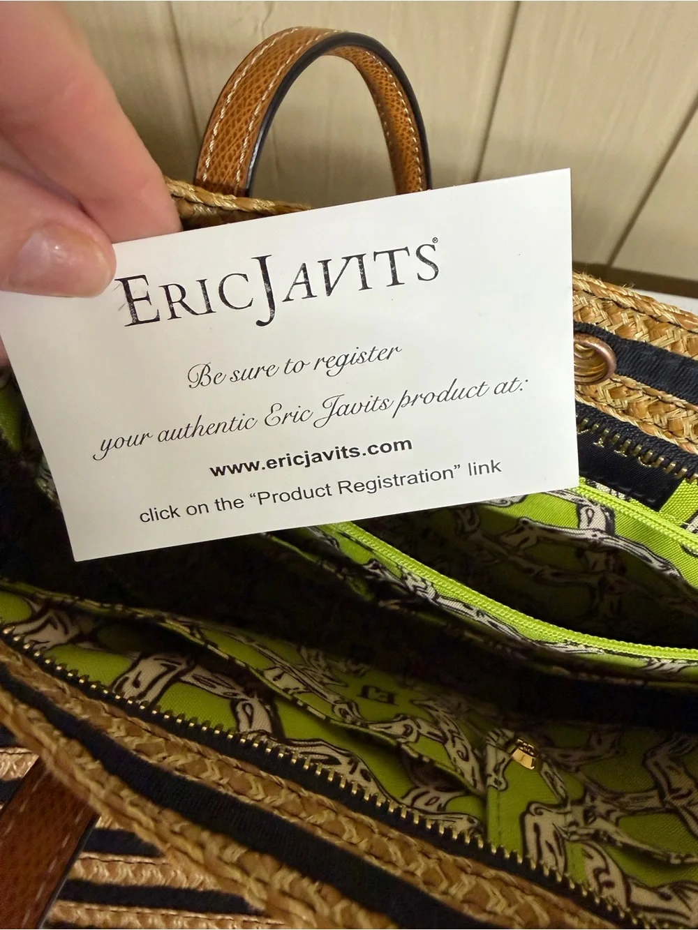 Eric Javitś Striped Natural Straw Tote Bag with Tan Trim